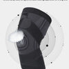 A black multi-density knitted sports kneecap brace shown with circular diagrams illustrating absorption, knitting, and comfor