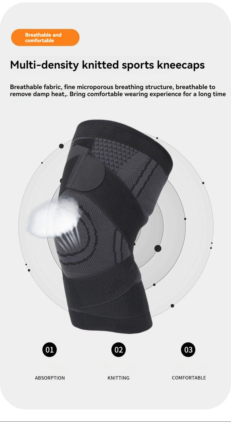 A black multi-density knitted sports kneecap brace shown with circular diagrams illustrating absorption, knitting, and comfor