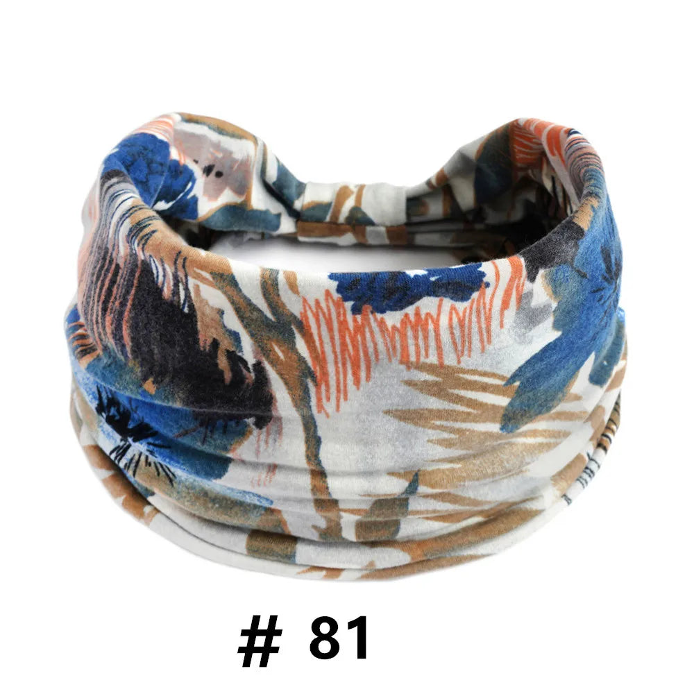 Bandeau en coton stretch bohème à motifs floraux ou abstraits bleu, orange et marron.