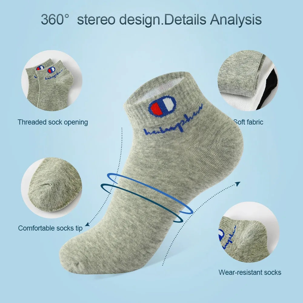 A gray knitted sock is shown with various details like a threaded opening, soft fabric texture, and wear-resistant features.
