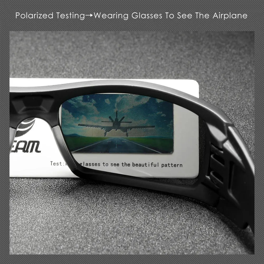 A pair of polarized testing glasses showing an airplane silhouette against a blue sky and green landscape.