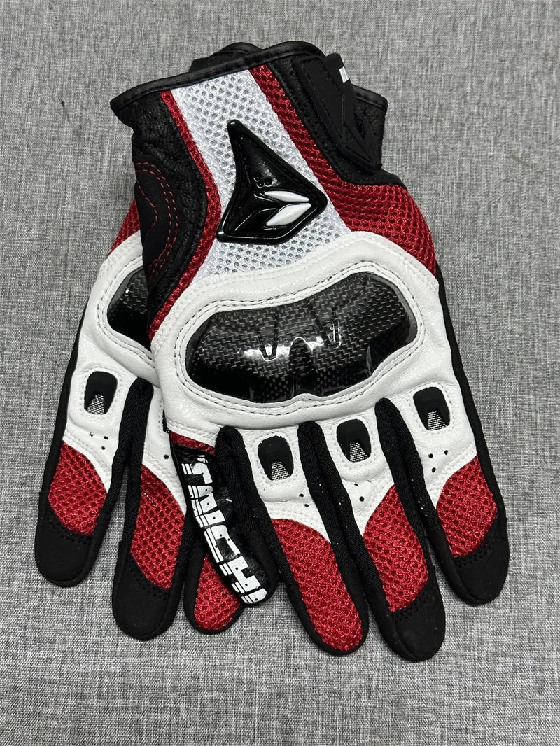 A pair of genuine leather motorcycle motocross gloves featuring black, white, and red accents.