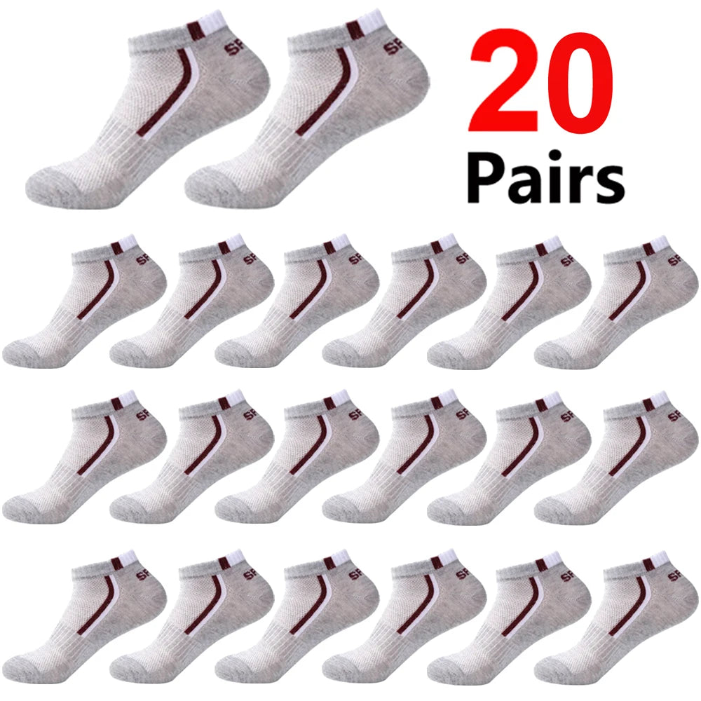 A pack of 20 pairs of men's color-block mesh ankle socks in gray and white.