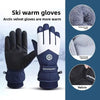 A pair of navy blue and black ski warm gloves shown with close-up details of velvet lining, high-density waterproof material,