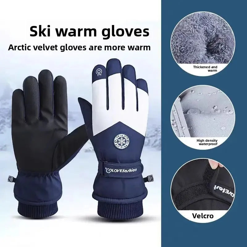 A pair of navy blue and black ski warm gloves shown with close-up details of velvet lining, high-density waterproof material,