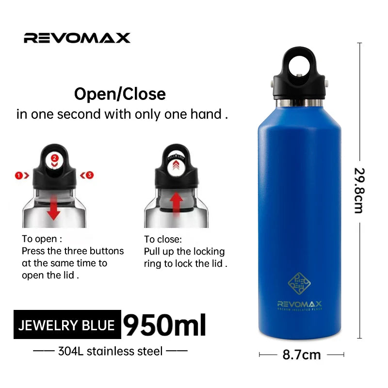 Blue Revolmax double-wall insulated stainless steel thermos with a black lid and magnetic locking ring.