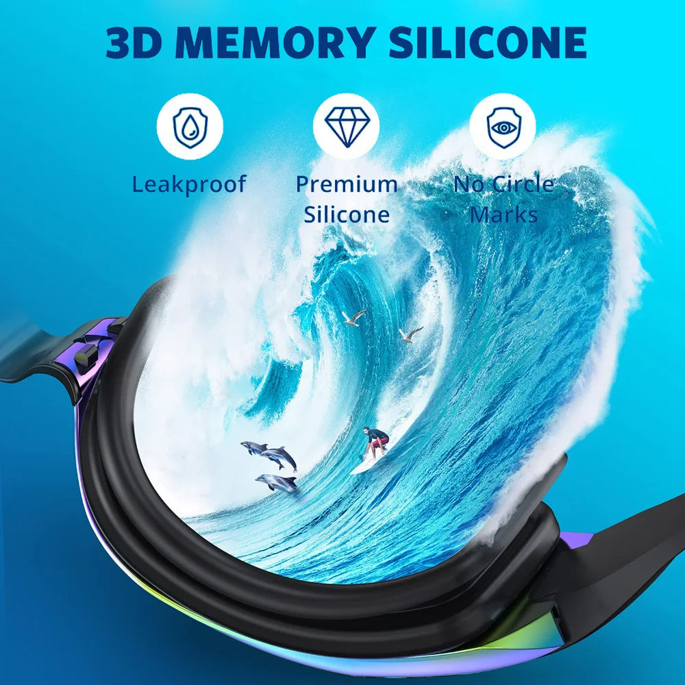 A pair of black swimming goggles is shown with a vibrant blue wave design, highlighting features like leakproof and premium s