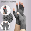 Graue Kompressionshandschuhe für Arthritis, gezeigt an einer Hand und in einem kreisförmigen Ausschnitt.