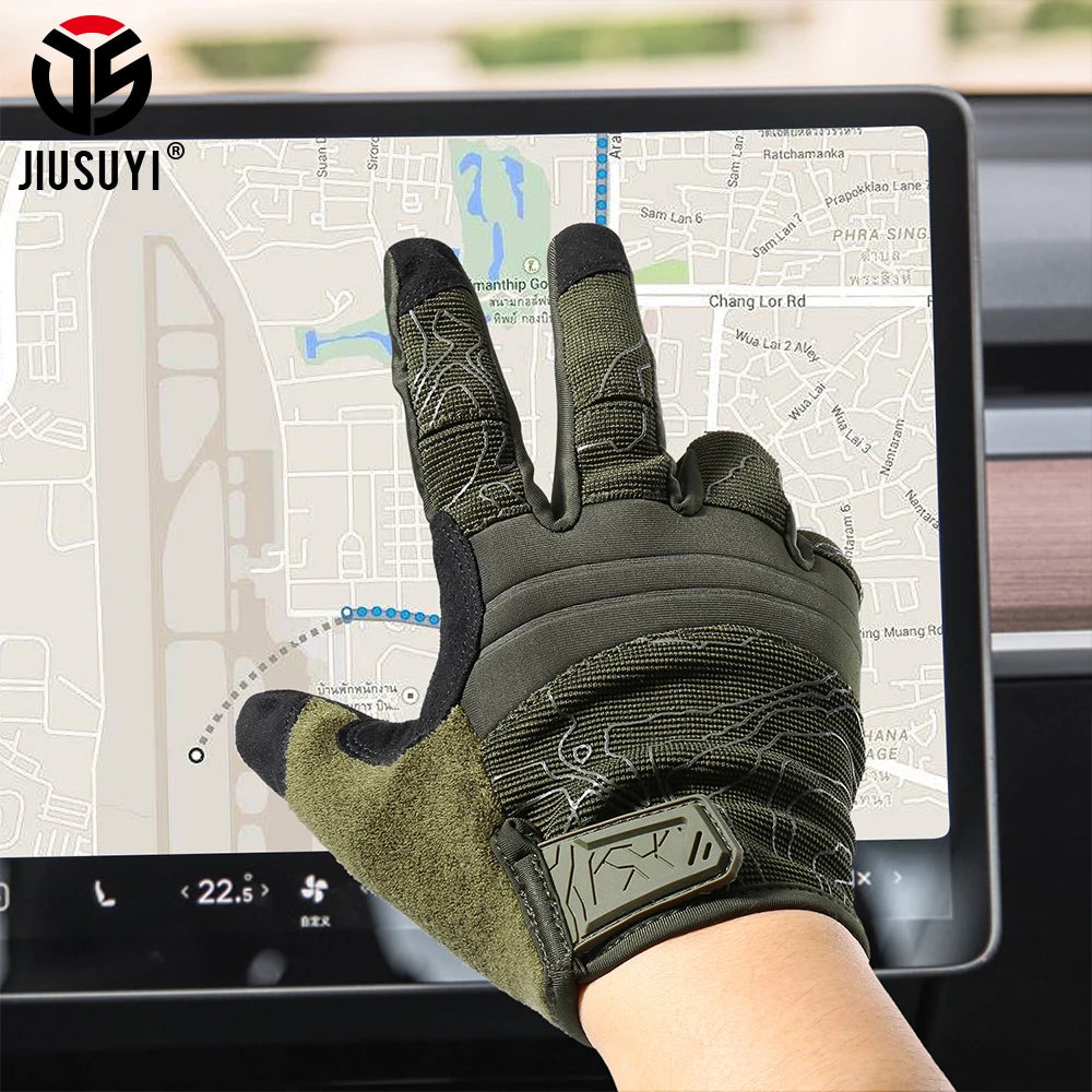 A hand wearing tactical sports gloves is shown overlaid on a map, demonstrating the product for outdoor activities.
