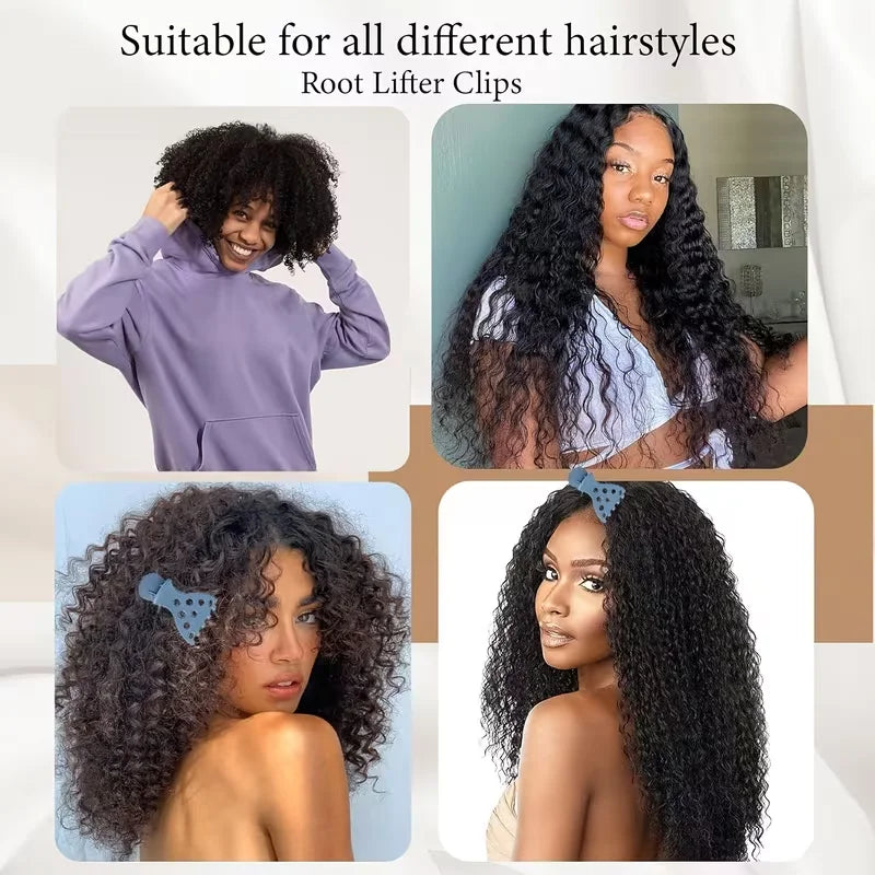 A set of root lifter clips used for different hairstyles, shown on a person's hair.