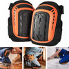 A pair of black and orange heavy duty gel knee pads shown in various usage contexts.