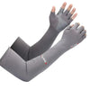 Gray multi-functional sport arm sleeves worn on a hand and forearm.