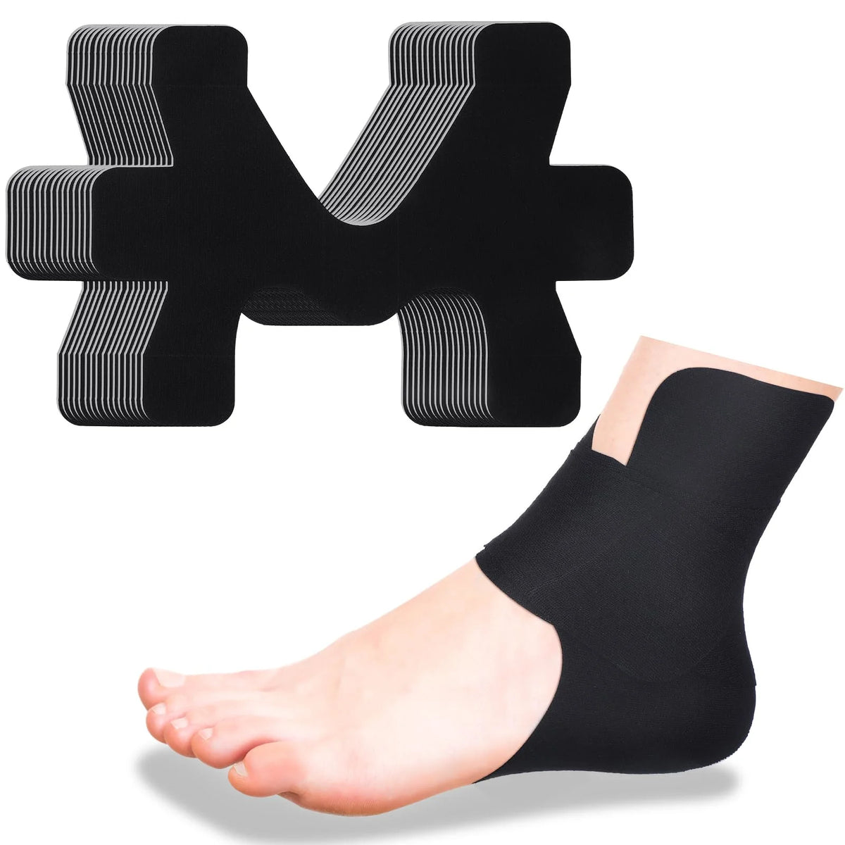 Ruban élastique noir athlétique appliqué à la cheville et au pied pour le soutien des articulations.