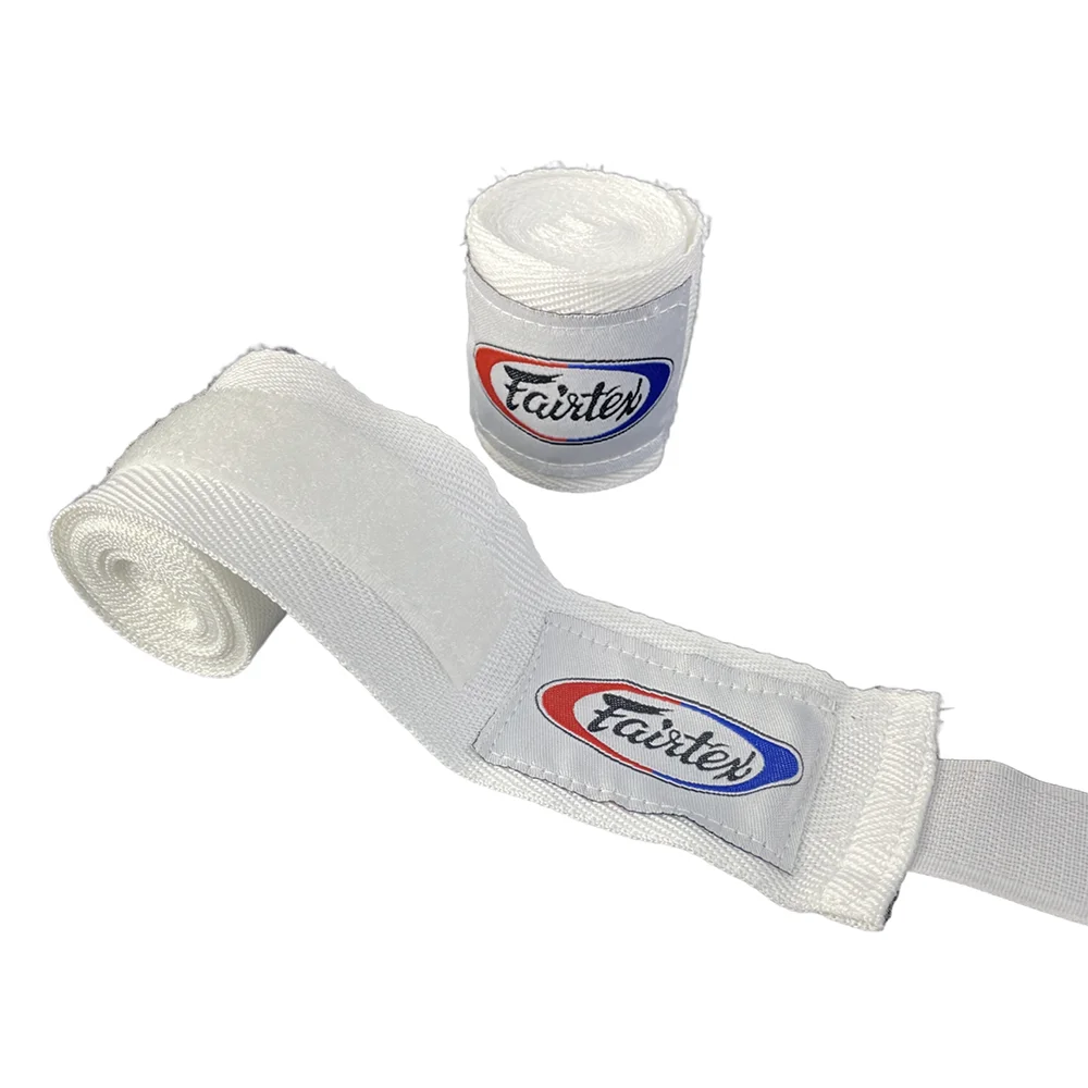 A white boxing hand wrap is shown rolled and unwrapped, featuring the Fairtex logo.