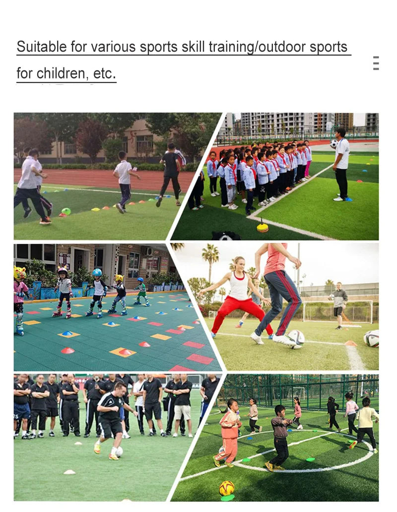 A set of colorful training discs and cones used for various sports skill training outdoors.