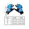A pair of blue and black latex goalkeeper football gloves shown with dimension lines.