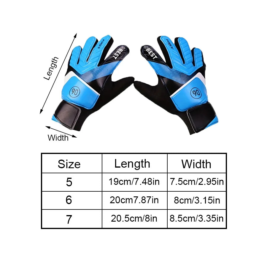 A pair of blue and black latex goalkeeper football gloves shown with dimension lines.