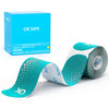 A roll of OKtape Prime kinesiology tape in teal and white is displayed next to its packaging box.