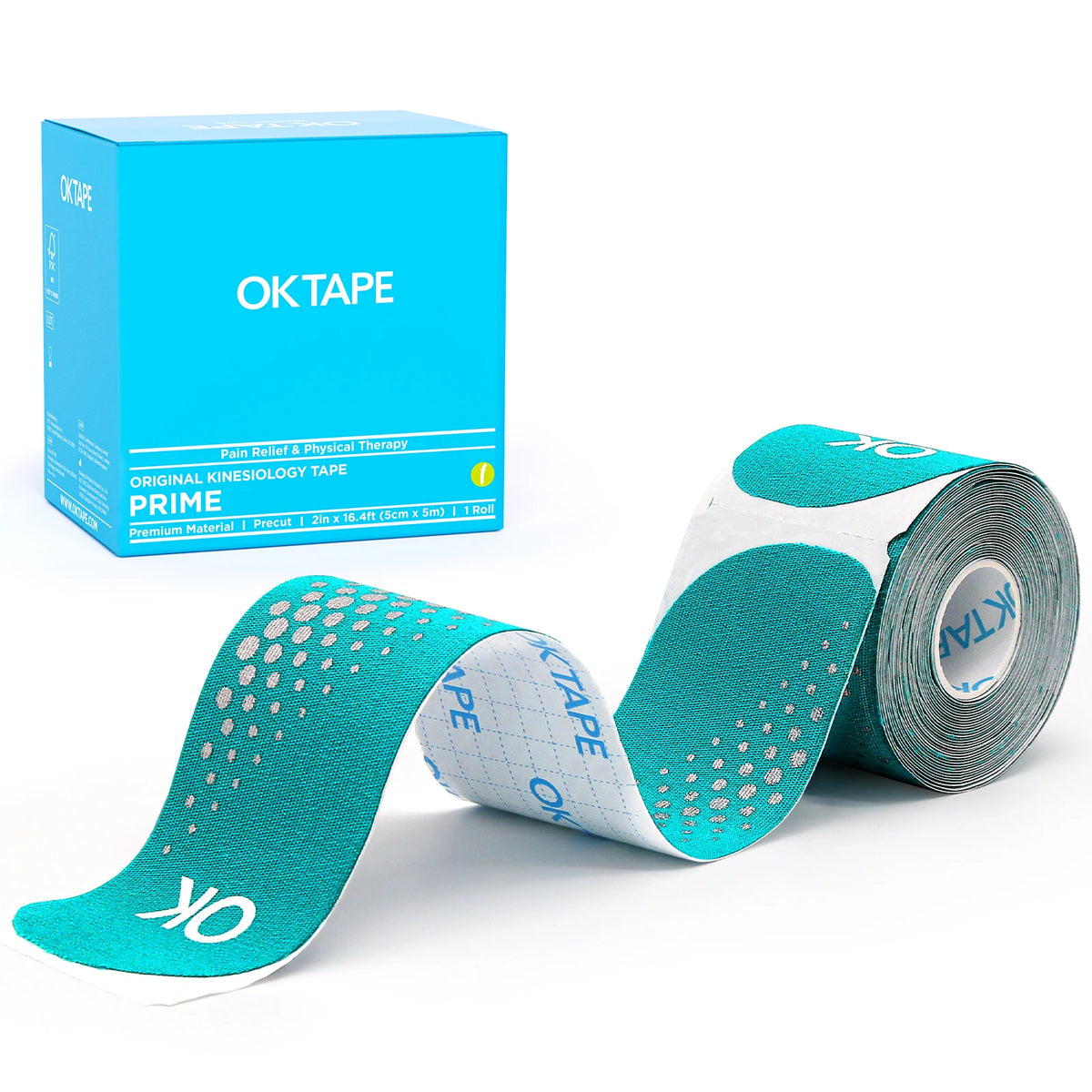 A roll of OKtape Prime kinesiology tape in teal and white is displayed next to its packaging box.