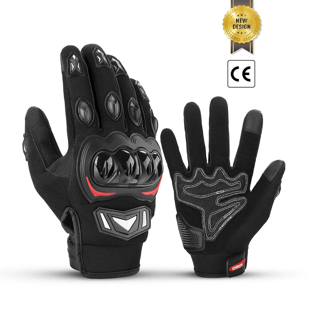 Une paire de gants tactiques noirs pour moto, pour motos tout-terrain et motocross, sur fond blanc.
