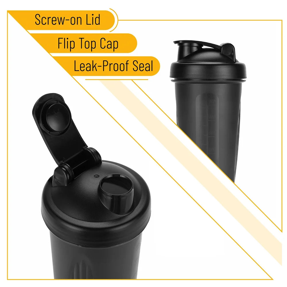 Black portable fitness shaker bottle with a screw-on lid and leak-proof seal.