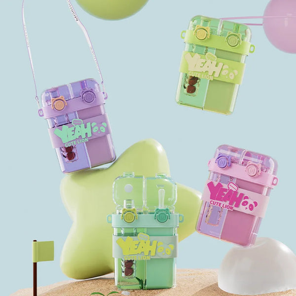 A collection of colorful double-walled drinking cups and straws in purple, green, and pink shades