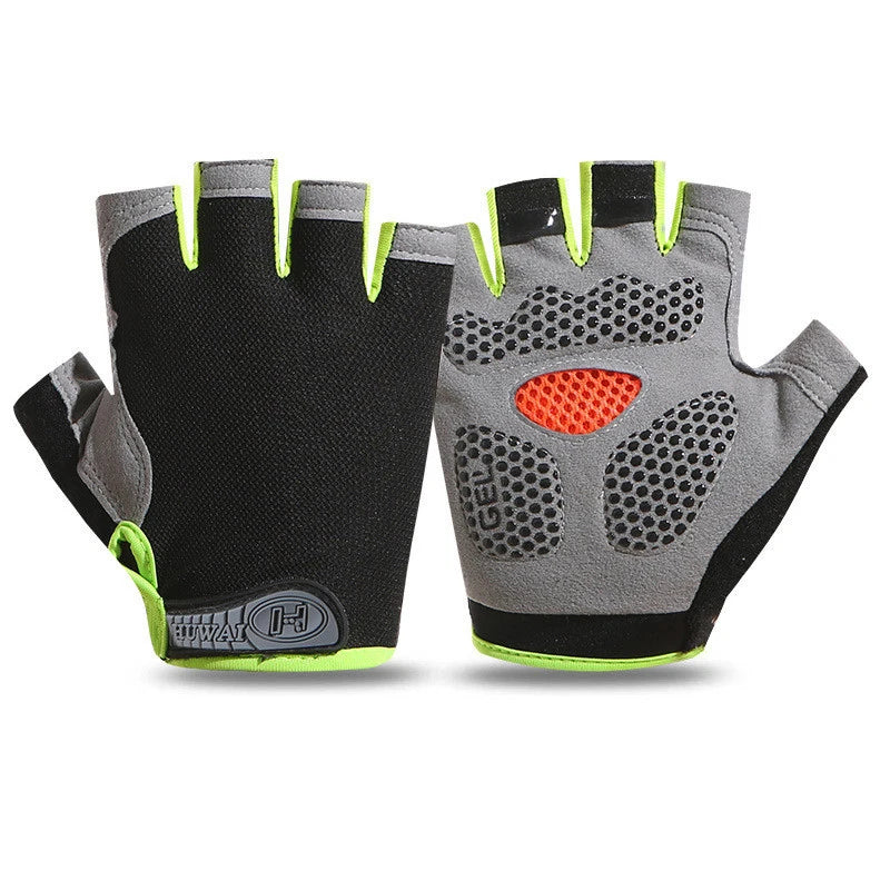 A pair of black and gray breathable anti-slip gym workout gloves with orange accents.