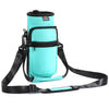 A teal sling water bottle carrier bag with black straps and a zippered pocket.