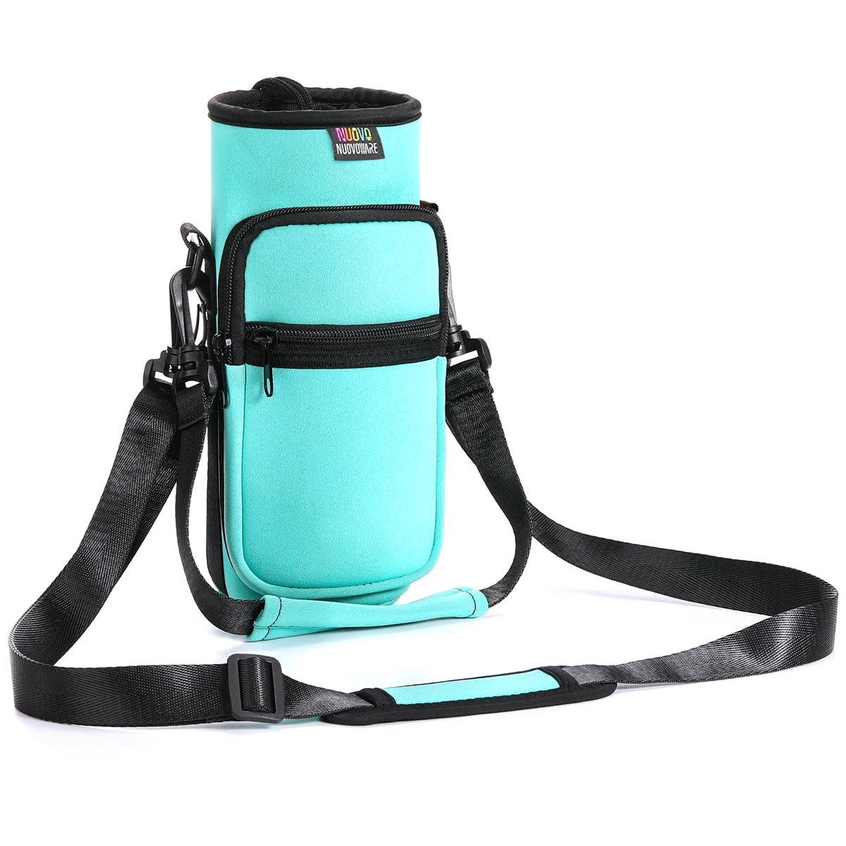 A teal sling water bottle carrier bag with black straps and a zippered pocket.
