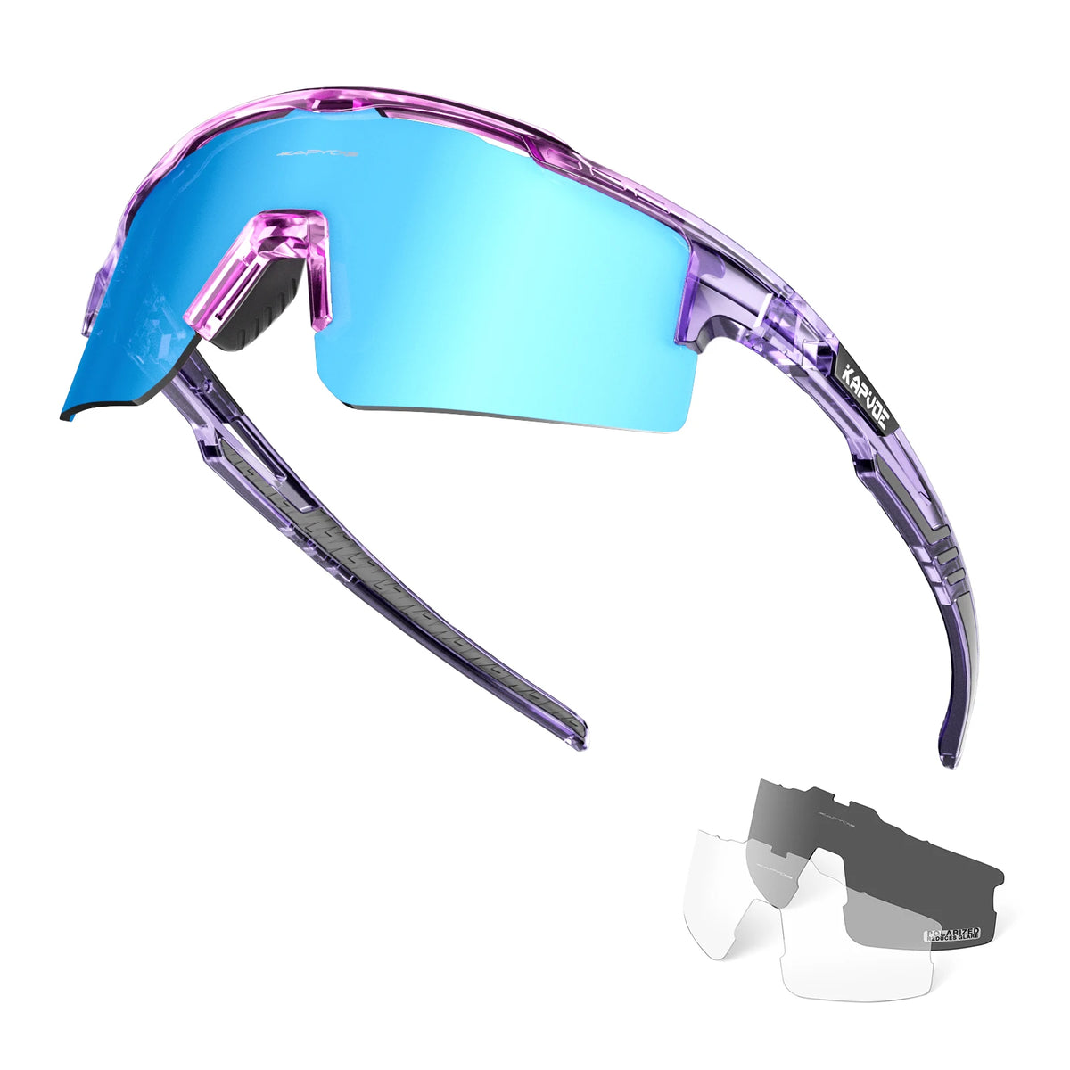 Purple polarized sunglasses with blue lenses shown in a pair and a detached frame.