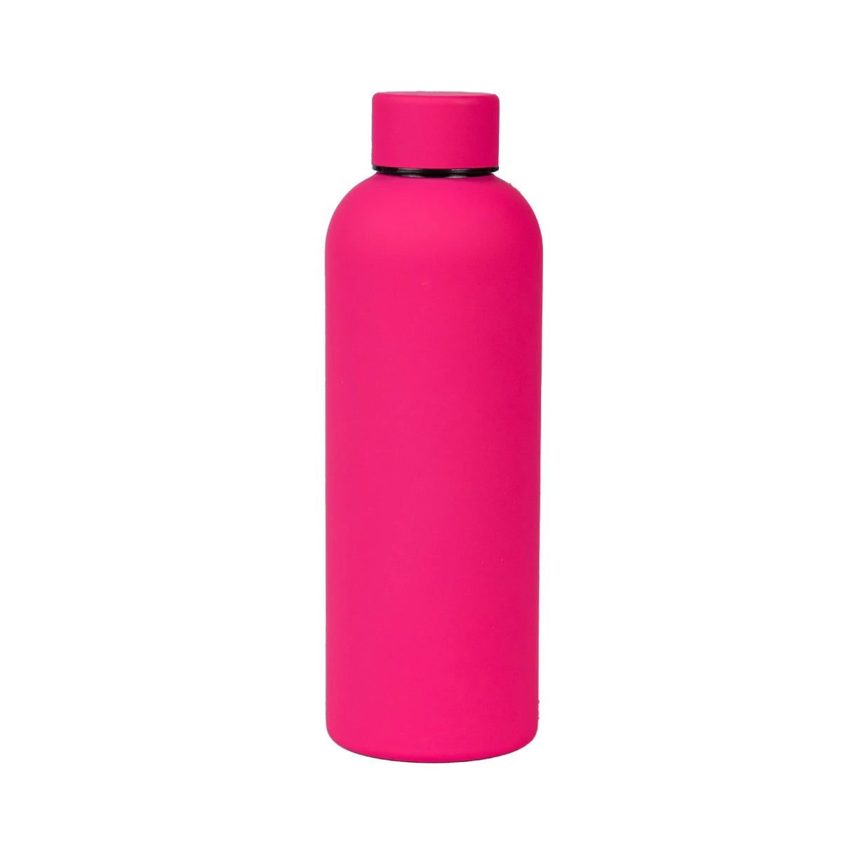 A pink insulated stainless steel thermos cup with a black lid.