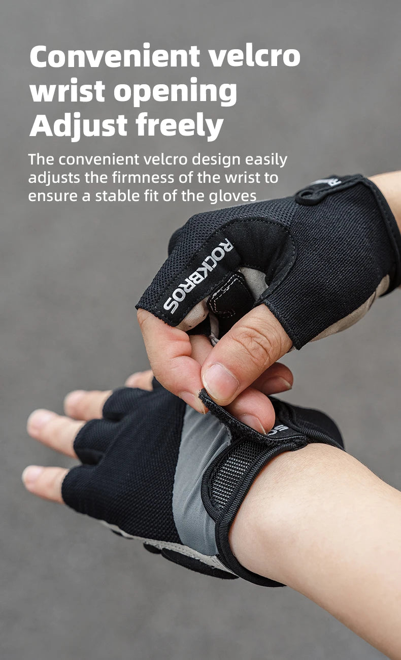 A hand is adjusting a black velcro wrist opening glove for a stable fit.