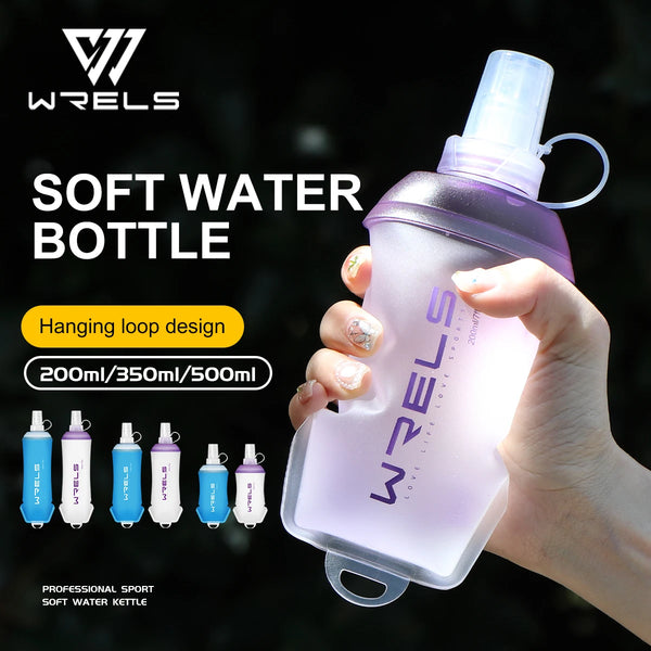 A hand holds a purple soft water bottle with a hanging loop design, showcasing various sizes.