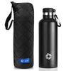 A black insulated thermos bottle with a matching quilted carrying sleeve.