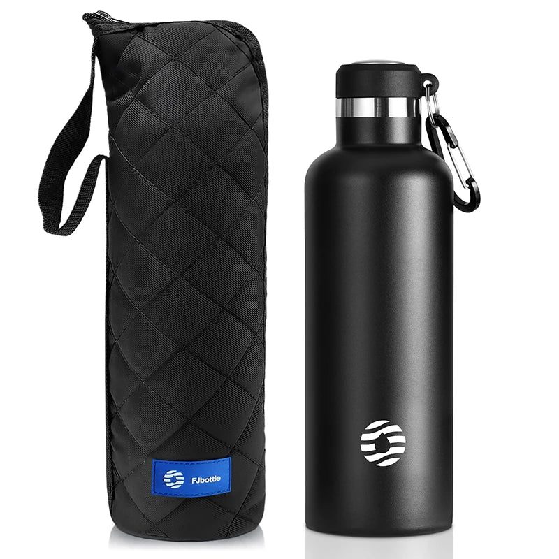 A black insulated thermos bottle with a matching quilted carrying sleeve.