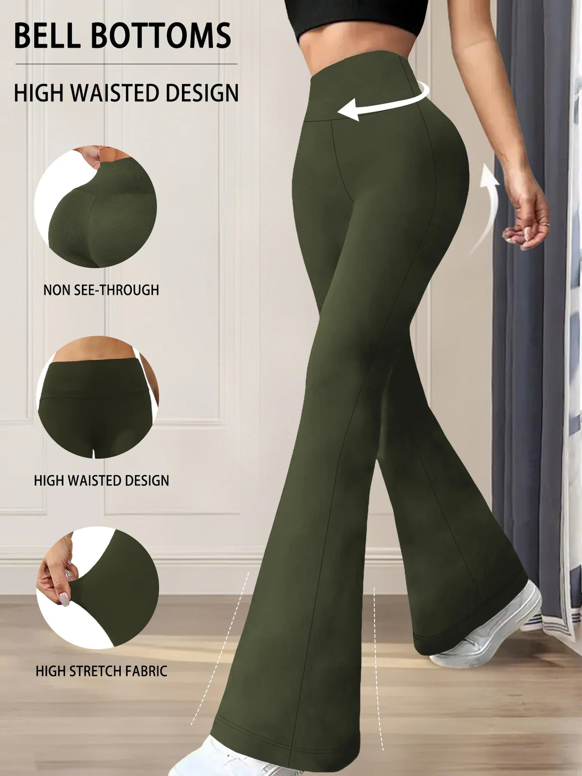A model wearing olive green high-waisted yoga trousers, demonstrating the fit and features.