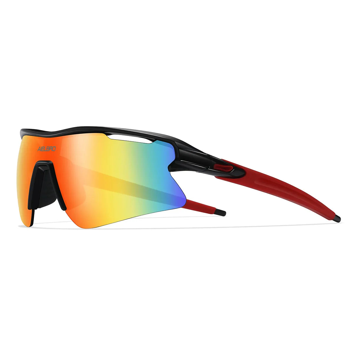 A pair of orange and blue polarized sports sunglasses with a black frame shown against a white background.
