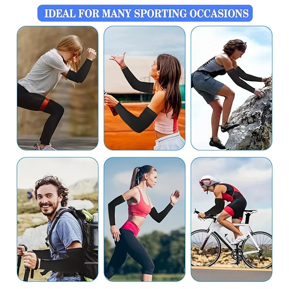 A collage showing various people using black sun protection arm sleeves for sports and outdoor activities.
