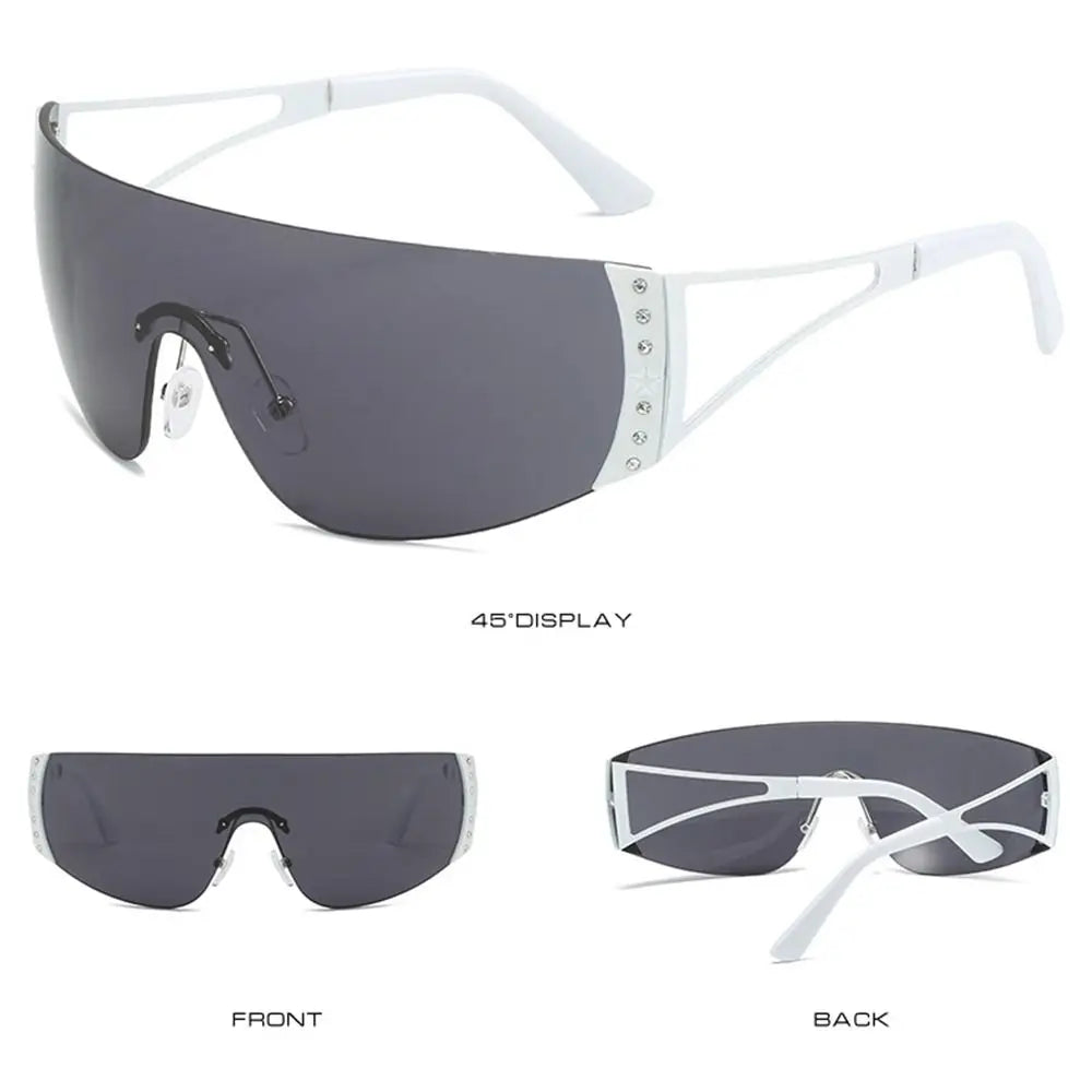 Gray Y2K futuristic gradient sunglasses shown from the front and back views