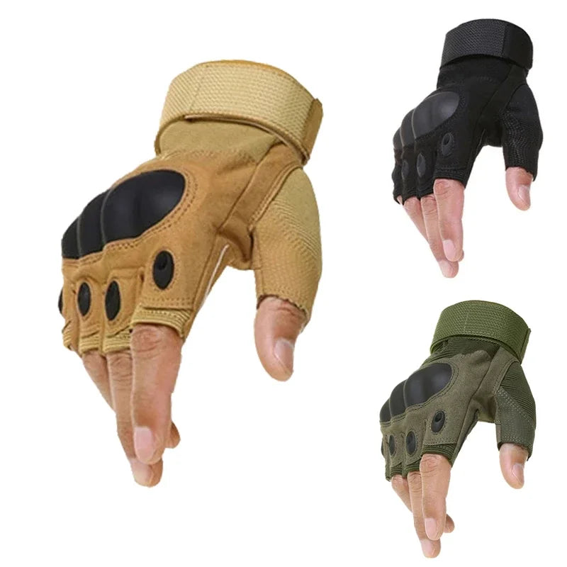 A set of half finger tactical gloves in tan and olive green colors shown from the palm side.