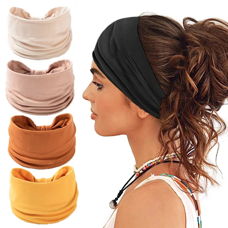 A woman is shown wearing a black boho wide headband hair wrap in a high ponytail, with color options displayed below.