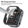 A close-up of a smartwatch showing a screen display, with a finger touching the glass surface.