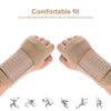 Tan elastic wrist support brace shown on hands and various movement poses.
