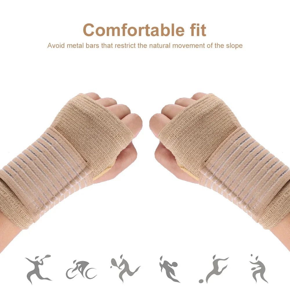 Tan elastic wrist support brace shown on hands and various movement poses.