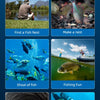 Multiple scenarios showing underwater fishing, such as finding a fish nest, making a nest, a school of fish, fishing fun, dee
