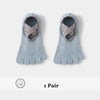 A pair of light blue five-finger invisible yoga and fitness socks with a grey strap detail.