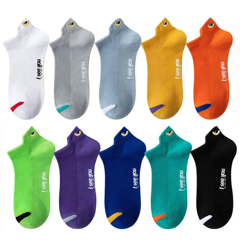 A collection of nine men's breathable ankle boat socks in various colors including white, gray, blue, yellow, and orange.