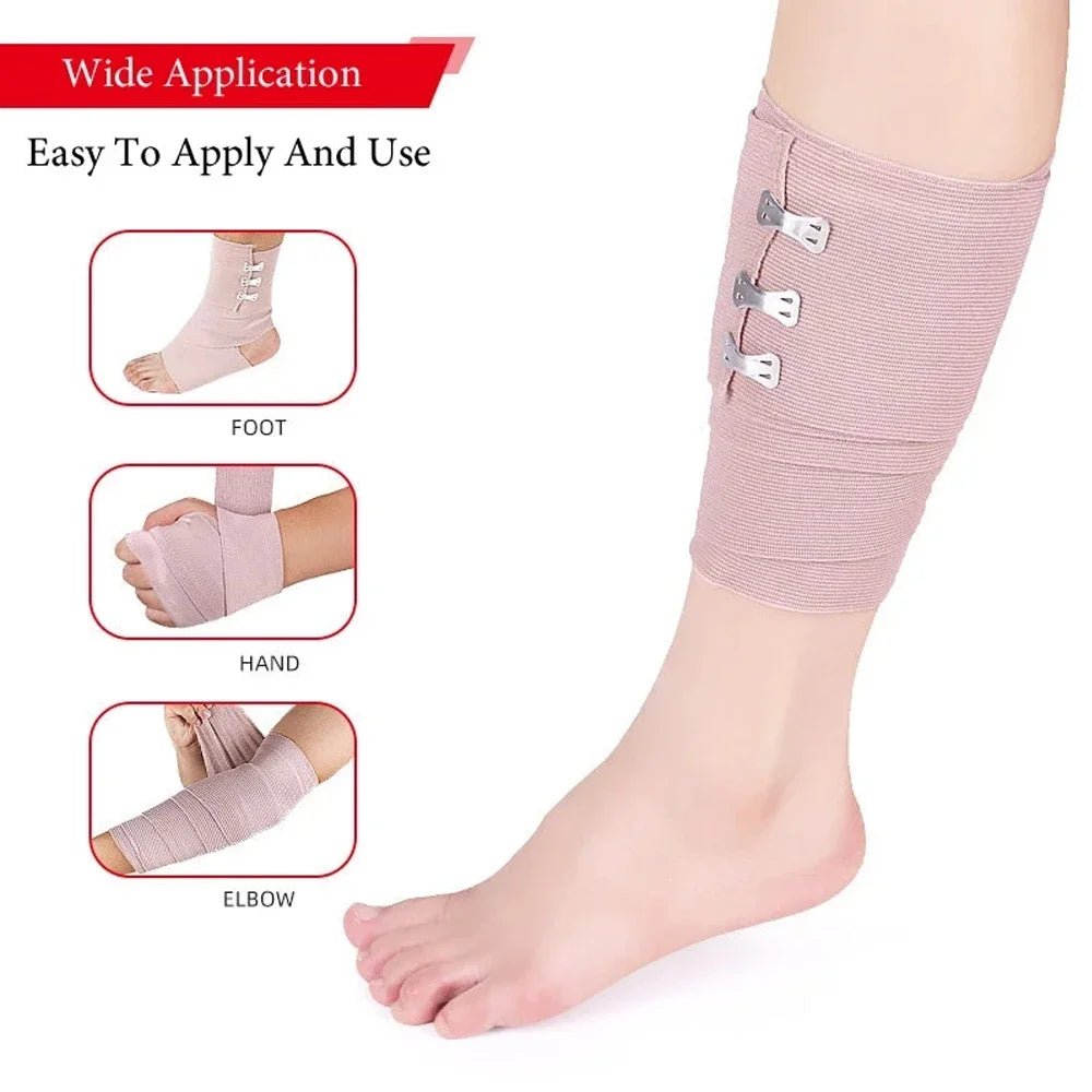Pink elastic compression bandages shown applied to a leg, hand, and elbow for sports recovery.
