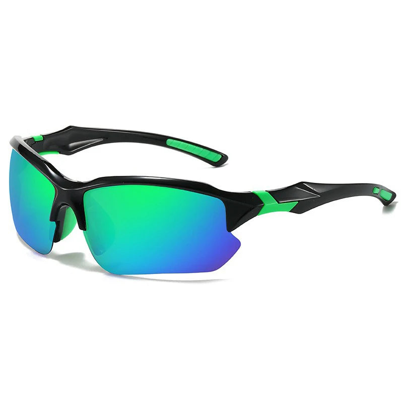 A pair of black sunglasses with vibrant green polarized lenses and a black frame.
