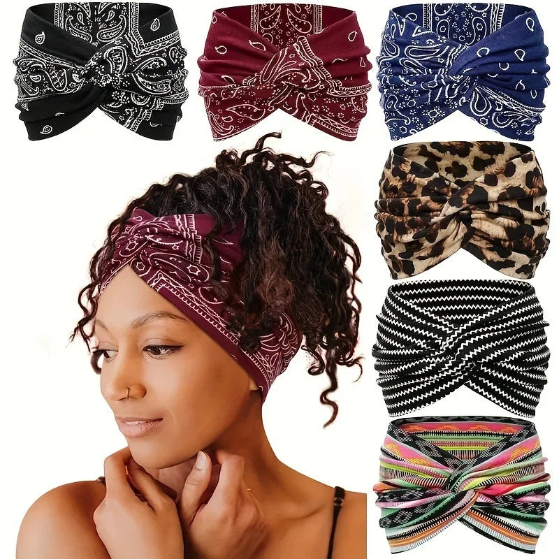 A woman models several bohemian paisley twist headbands in various colors and patterns.